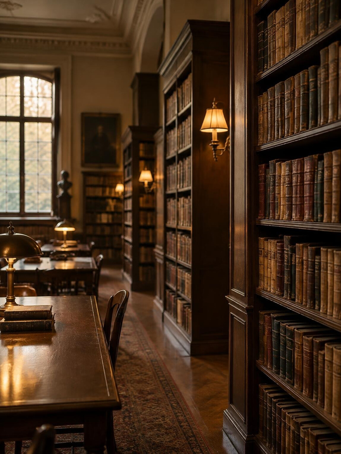 Rows of books in an old reading room