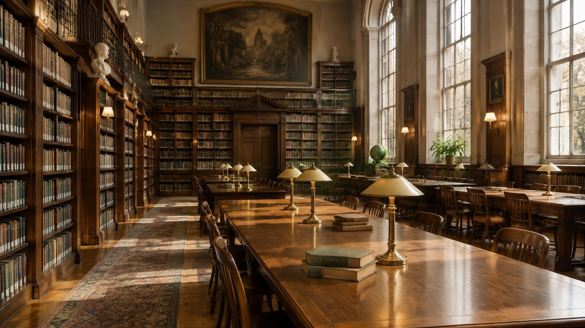 Quiet reading room of an old library with tall wooden shelves and warm light