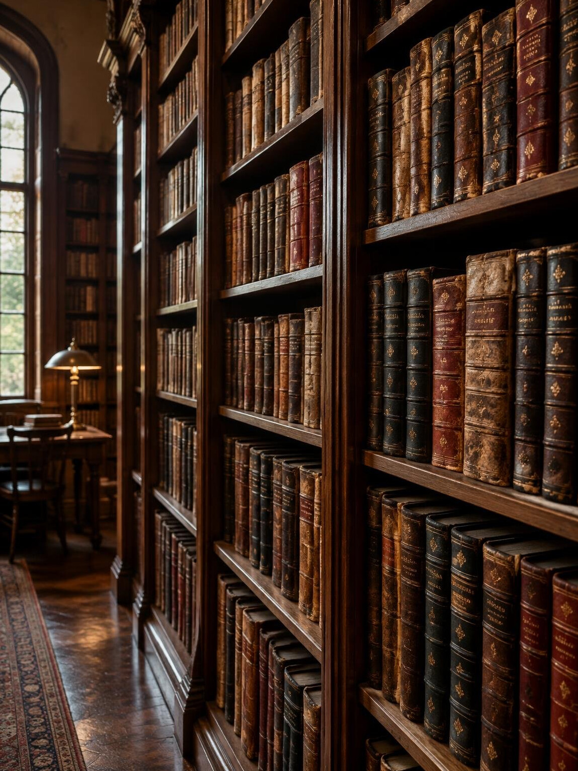 Tall library shelves filled with old books in warm light