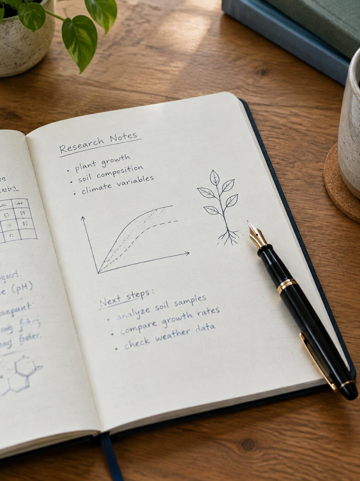 Open notebook with handwritten notes and a pen on a wooden desk
