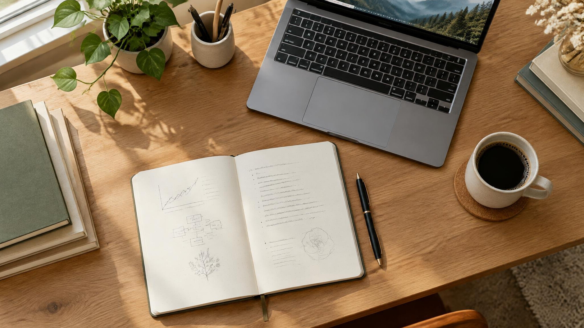 Researcher's desk with a notebook, laptop and coffee cup in soft light