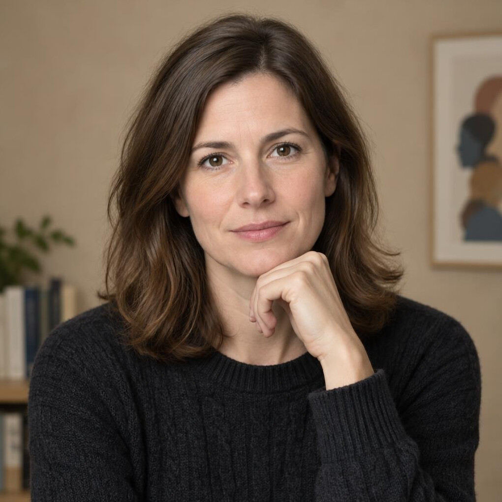 Portrait of a thoughtful woman in her late thirties with brown hair