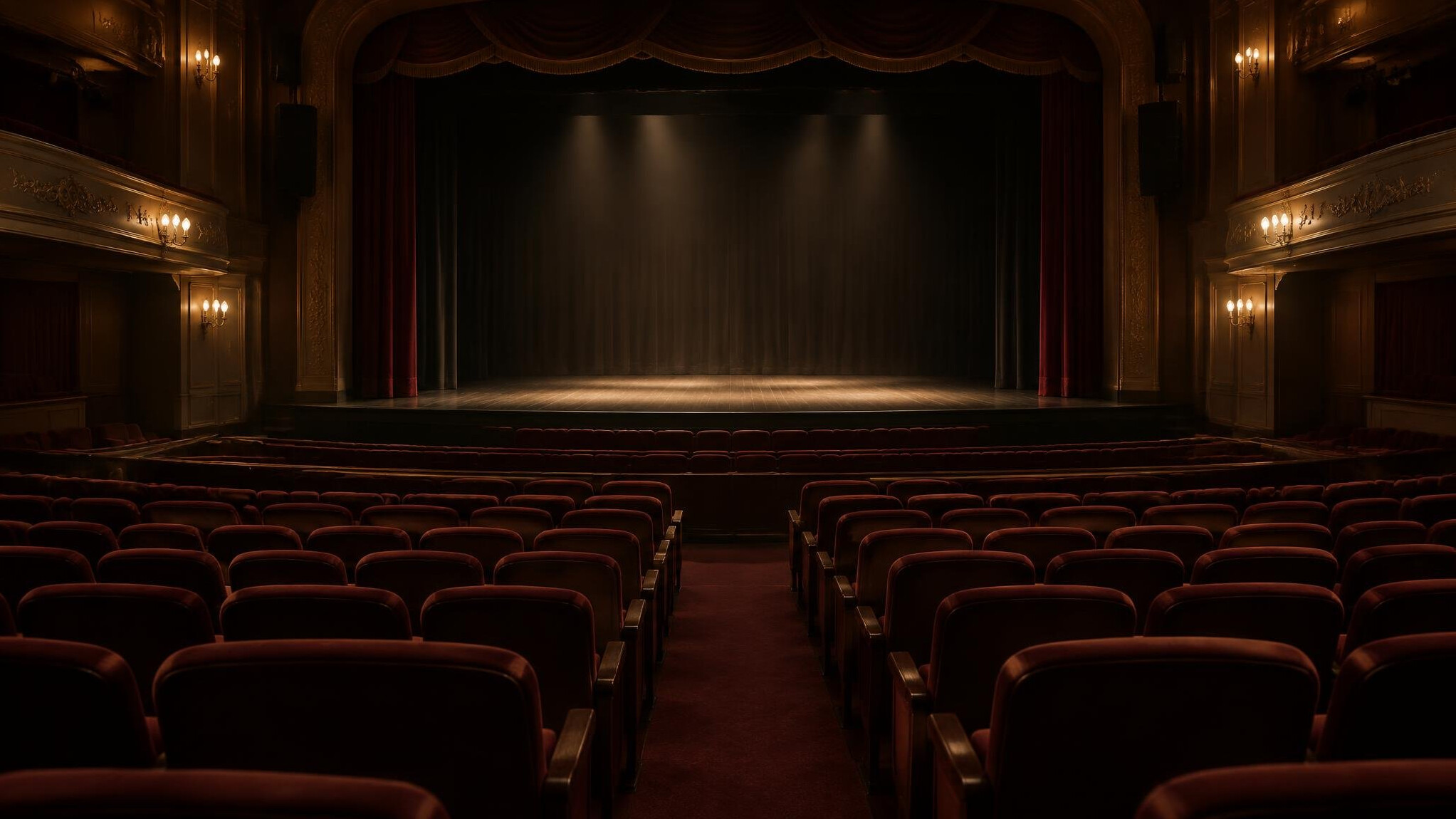 Empty theatre auditorium with rows of seats facing a stage